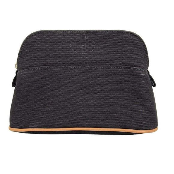 Auth HERMES Bolide Pouch 20 Black Light Brown Canvas Leather Pouch - Picture 1 of 5